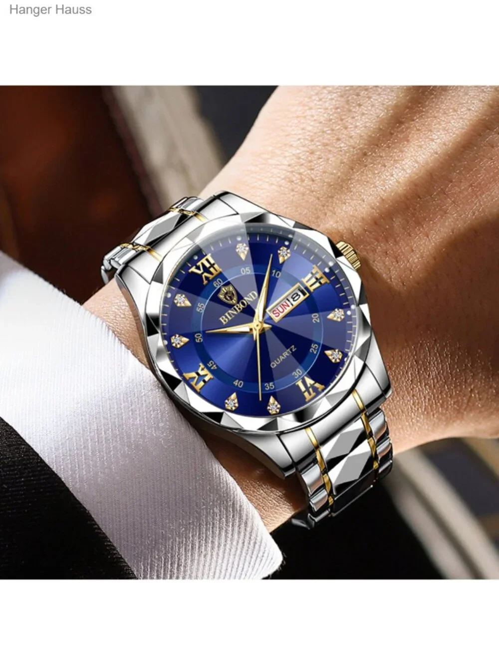 Men's Business Diamond Stainless Steel Quartz Watch Day-Date Calendar Roman